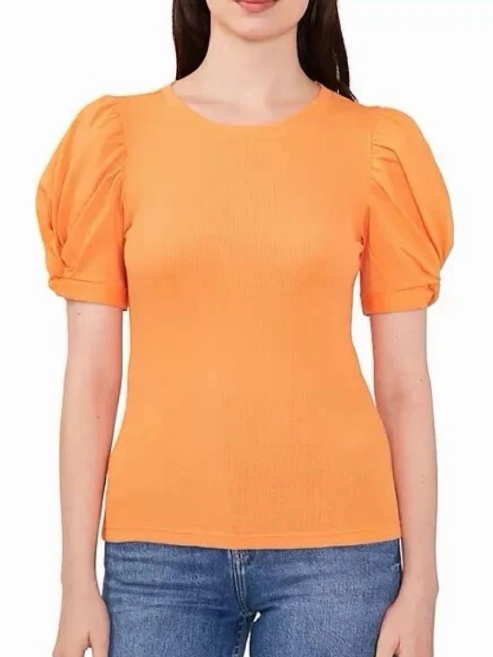 Vince Camuto Neon Orange Puff Sleeves Ribbed Short Sleeved Tee.  Sz XS